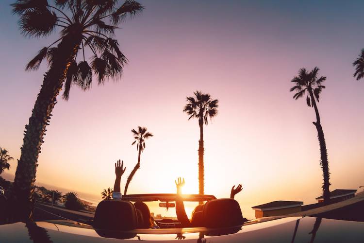 Two people in a convertible riding down a palm tree lined road. The sky is a purple/pink sunset.